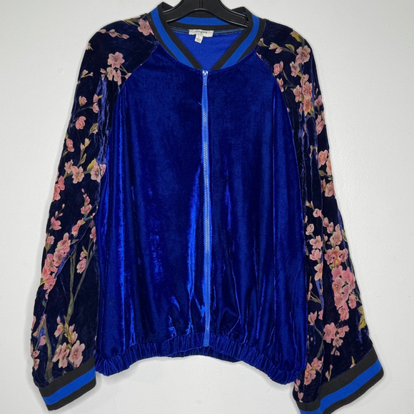 Umgee Cobalt Blue Velvet Oriental Floral Sheer Bomber Jacket L Cottagecore - Picture 4 of 7